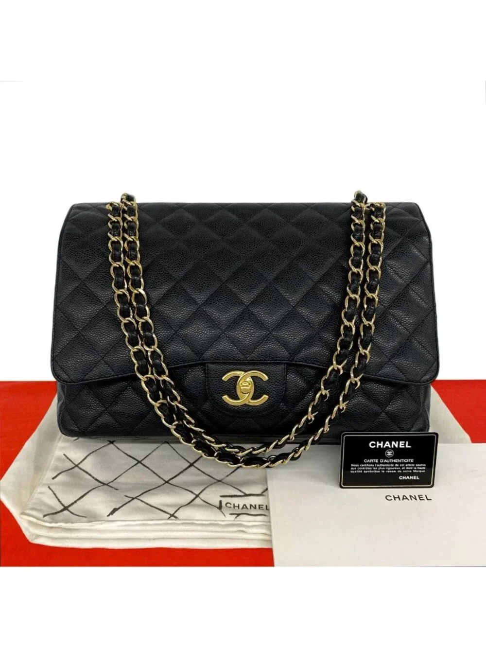Chanel Quilted CC Logo Caviar Leather 2-Way Shoulder Bag Black